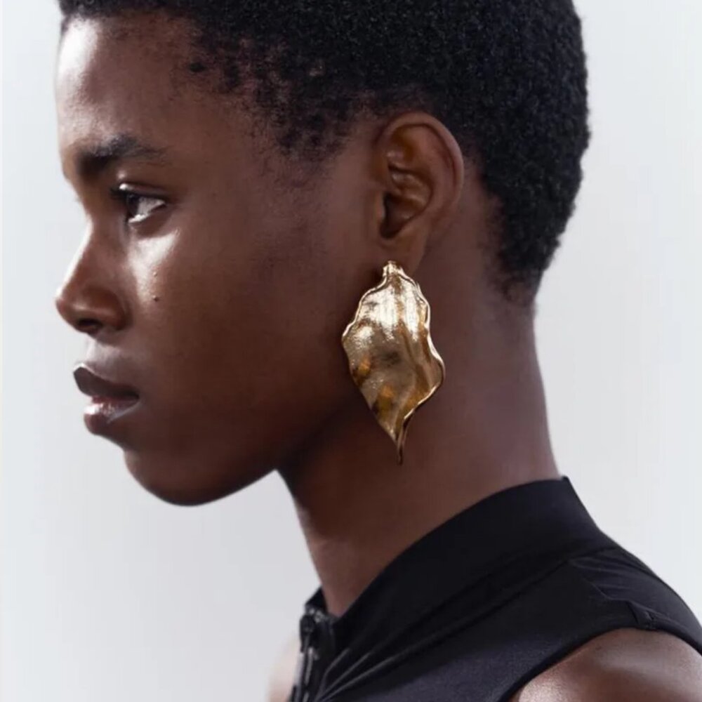NEW Avant Garde Textured Gold Large Abstract Leaf Statement Earrings